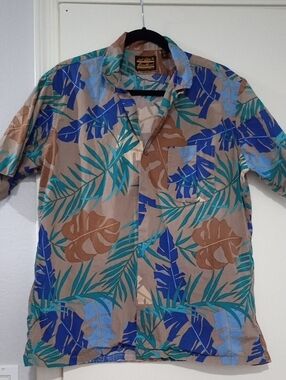 Men's Tropical Print Short Sleeve Shirt - Beige Blue Green Size L